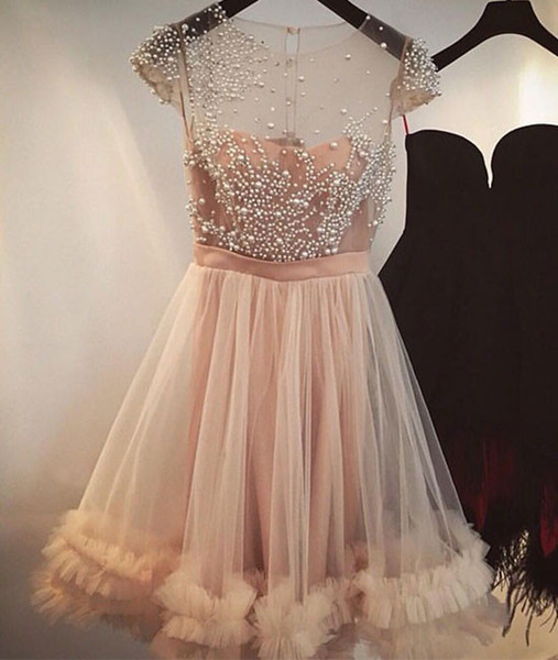 Lovely Sheer Tulle Champagne Short Homecoming Dresses A Line Capped Sleeves Beading Knee Length Pom Cocktail Party Gowns