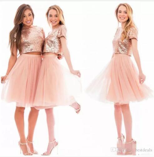 Sparkly Blush Pink Rose Gold Sequins Homecoming Dresses Beach Cheap Short Sleeves Bridesmaids Two Pieces Prom Party Dresses BA6048