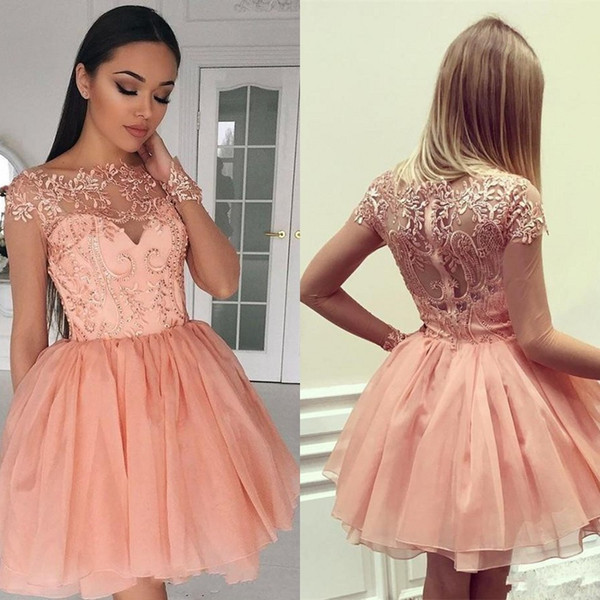 Sexy Coral Girl Homecoming Dresses Sheer Jewel Neck Long Sleeves Peach Lace Applique Sequins Prom Party Plus Size Cocktail Gowns