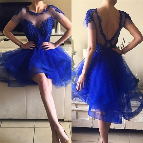 Hot Sheer Jewel Neck Royal Blue Homecoming Dresses Short Sleeves Appliques A Line V Cut Backless Mini SHort Cocktail Dresses