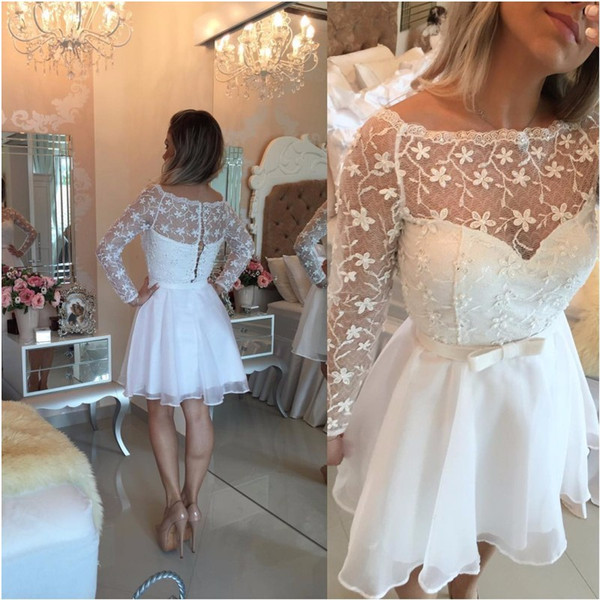 New Vestido Formatura Curto Homecoming Dresses Little White Cheap Off Shoulders Illusion Long Sleeves Pearls Bow Belt Short Prom Dresse