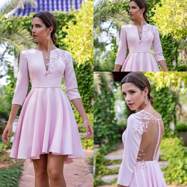 New Pale Pink Short Mini Homecoming Dresses Lace Appliques Long Sleeves Party Graduation Cocktail Gowns