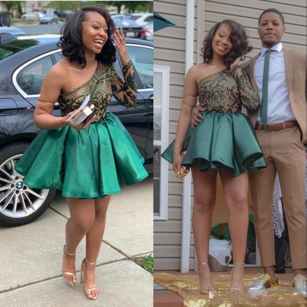 New Hunter Green Lace Homecoming Dresses One Shoulder Long Sleeve Short Prom Gowns Pleated Satin Cocktail Dress Cheap