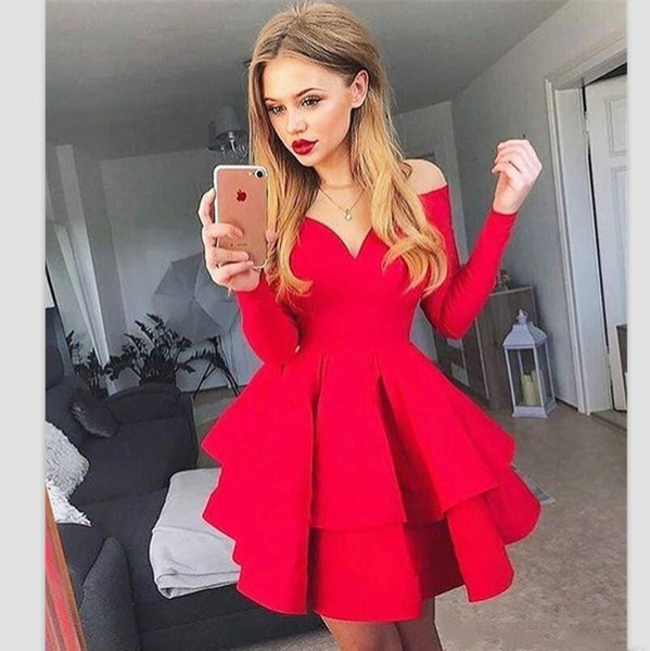 New Design Red Satin Long Sleeve Mini Homecoming Dresses Off Shoulder Tiered Short Prom Dresses Cheap Ruffles Cocktail Party Gowns For Teens