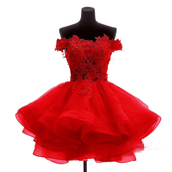 Real Photos Red Mini Short Homecoming Dresses A Line Elegant Off Shoulder Lace Appliqueds Ruffles Cocktail Party Gowns Custom Made