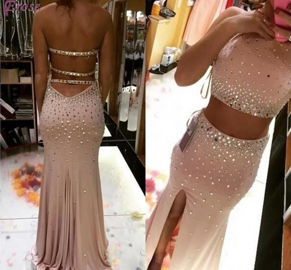 Spring Sparkling Two Pieces Dresses Evening Wear Halter Crystals Beaded Homecoming Dress Mermaid Sexy Split Evening Dresses Cocktail Gown