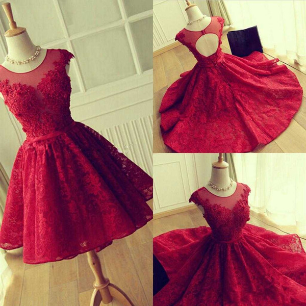 Real Image Crew Neck Lace Short Homecoming Dresses Hollow Back Red Graduation Dresses Cocktail Dresses Custom Made Cheap