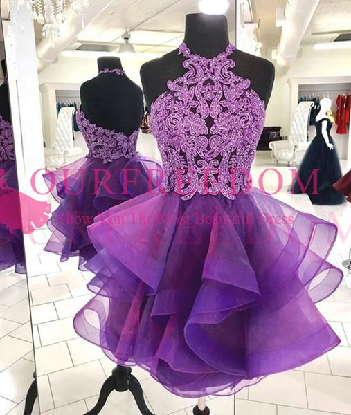 Modest Purple Halter Neck Homecoming Dresses Ruffles Tiered Skirts Appliques Beaded Short Mini Backless Girls Graduation Dresses Party