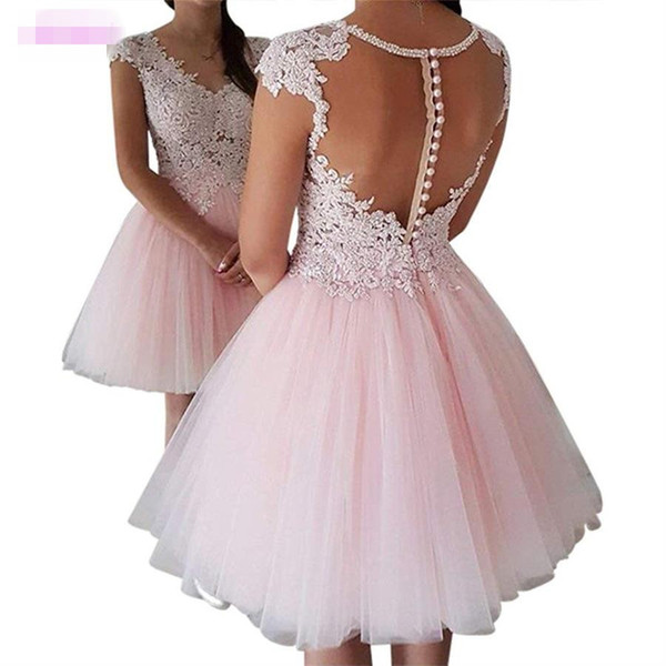 Pink V-Neck Illusion Back Short Homecoming Dress Lace Appliques Prom Gown Cap Sleeve Tulle Formal Dress Graduation Dresses