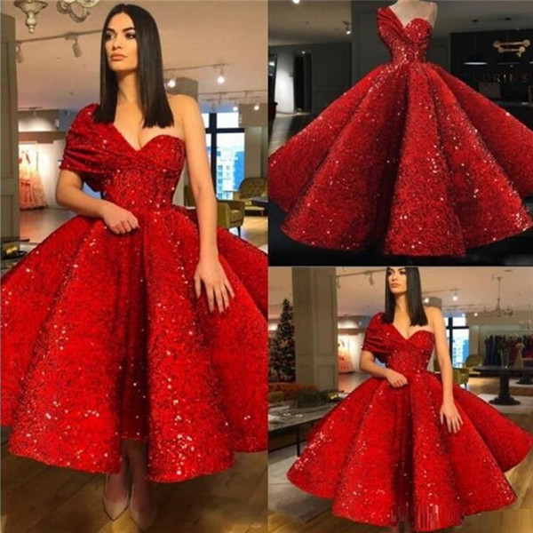 Shiny Red Short Prom Dresses One Shoulder Ruffle Ball Gown Sequnined Beads Arabic Evening Gowns Custom Cooktail Homecoming Dresses