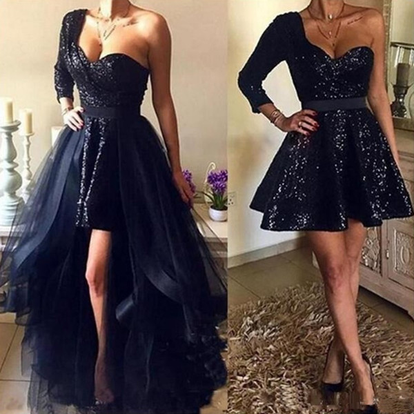 Spakly Navy Blue Sequins Short Prom Dresses With Detachable Overskirt Hi Lo New Sexy One Shoulder Long Sleeve African Homecoming Dress