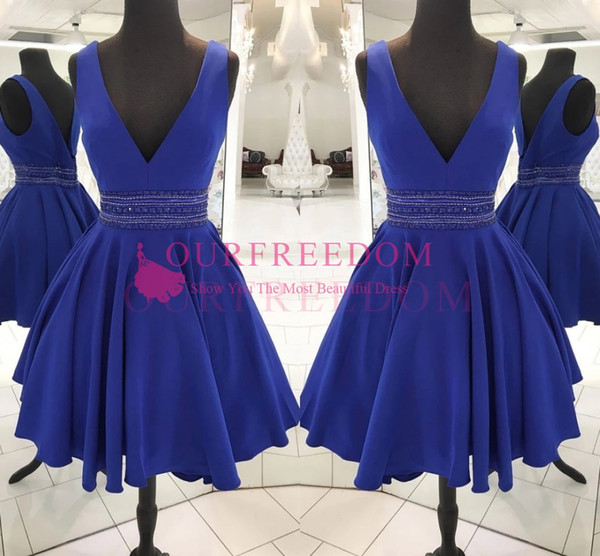 Elegant Royal Blue V Neck Homecoming Dresses With Waist Beaded Crystal Short Mini Satin Prom Party Girls Graduation Dresses Custom Made