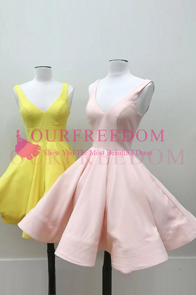 Simple Baby Pink Satin Homecoming Dresses V Neck A Line Girls Graduation Dresses Prom Party Dresses Custom Made Under 80$