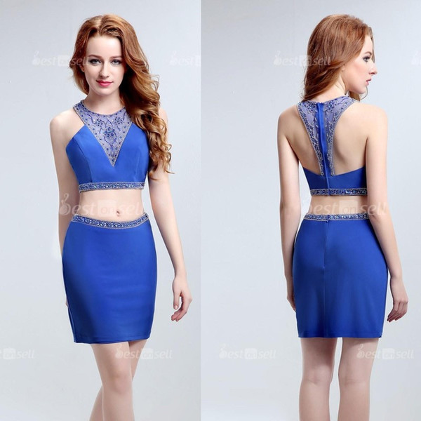 LX188 Sexy Royal Blue Beaded Short Homecoming Dresses Crystal Sheath Party Dress Real Pictures Backless Rode De Soiree