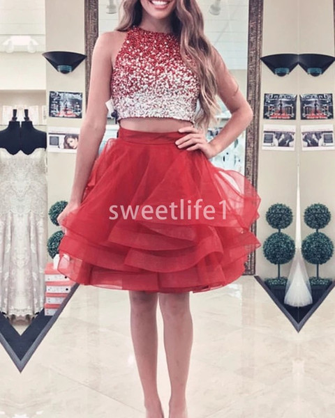 Newly Sparkly Sequins Beaded Homecoming Dresses Two Piece Crew Neck Ruffles Skirts Backless A Line Short Mini Prom Party Dresses