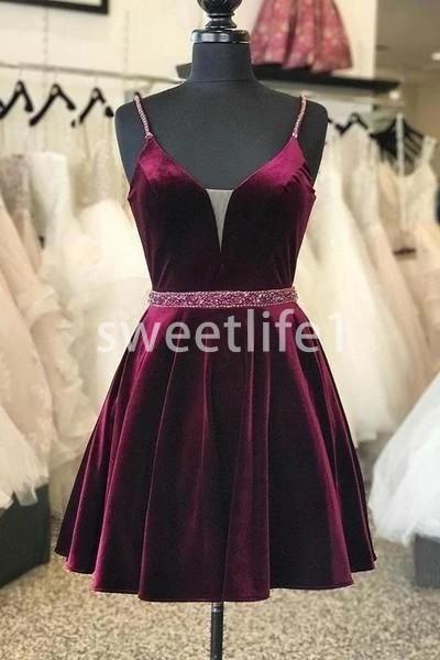 Elegant Red Velvet Short Mini Homecoming Dresses Spaghetti Beaded Waist Formal Girls Graudition Dresses Party Prom Gown Custom Made