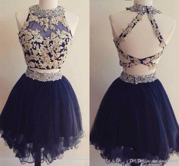 Two Pieces Mini Short Homecoming Dresses Navy Blue Appliques A Line Backless Sweet 16 Graduation Short Cocktail Party Wear