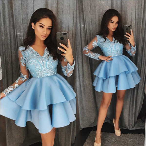 Blue V Neck Lace A Line Homecoming Dresses Long Sleeves Applique Tiered Layers Skirt Short Party Cocktail Prom Dresses