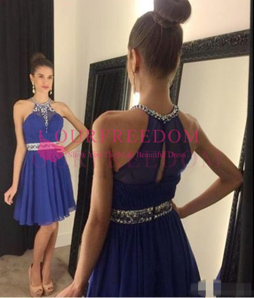 New Arrival Short Halter A-Line Homecoming Dresses with Beads Crystal royal blue chiffon Prom Graduation Dress