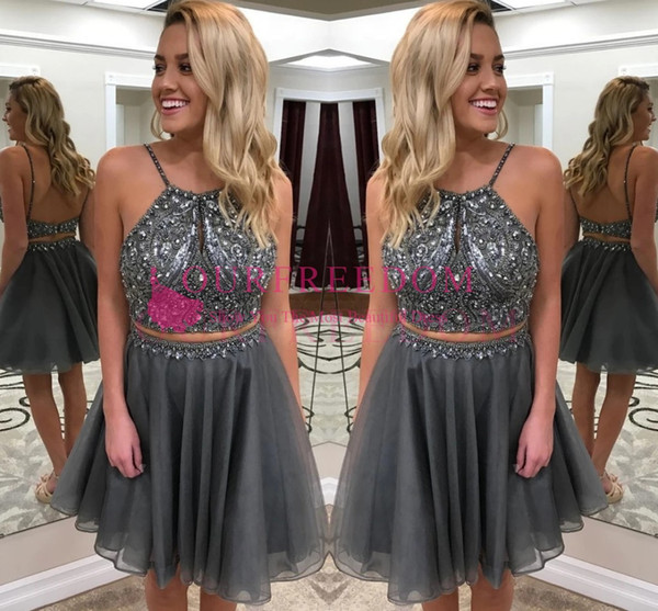 New Two Piece Homecoming Dresses Spaghetti Beaded Crystal A Line Gray Tulle Short Prom Party Girls Graduation Dresses Custom Made
