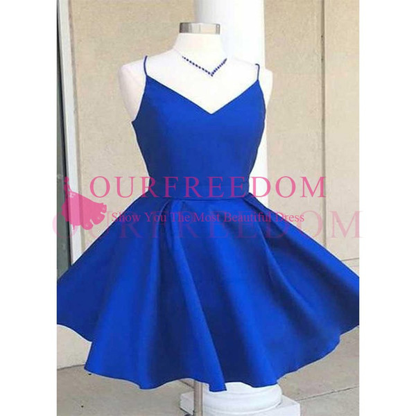 Cheap Royal Blue Spaghetti Homecoming Dresses Short Mini Satin Simple Prom Party Dresses Custom Made Hot Sale Cheap