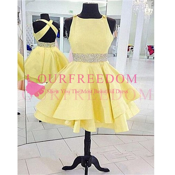 Light Yellow Satin Short Mini Homecoming Dresses Criss Cross Back Crystal Beaded Waist Formal Prom Party Dresses Hot Sale Cheap