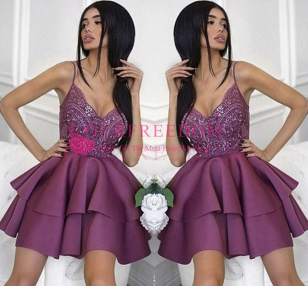 Classical Grape Spaghetti Homecoming Dresses Lace Beaded Ruffles Tiered Skirts Short Mini Prom Party Dresses Custom Made Hot Sale