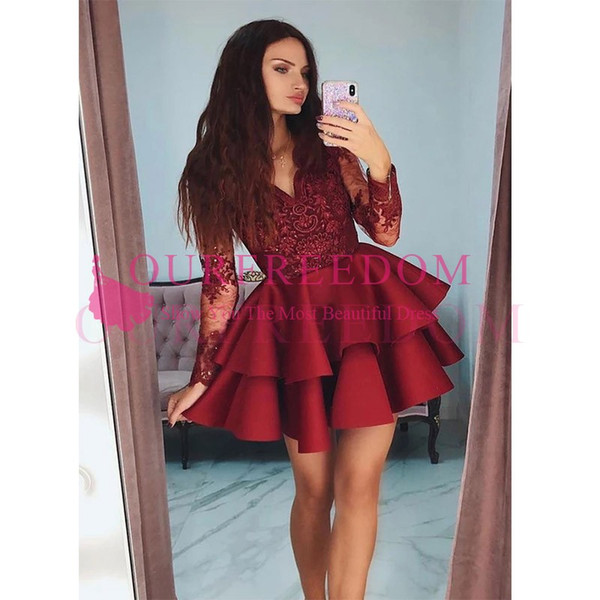 Short Mini Dark Red Long Sleeve Homecoming Dresses V Neck Lace Appliques Tiered Skirts Party Prom Dresses Custom Made Hot Sale