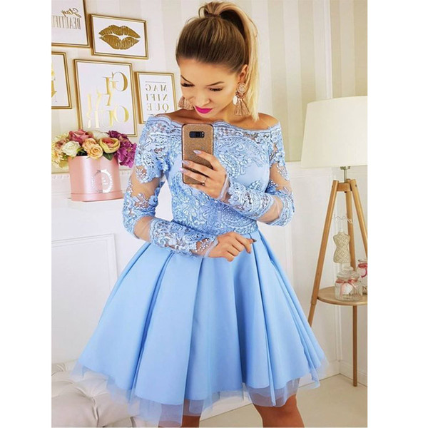 New Light Sky Blue Off The Shoulder Homecoming Dresses Long Sleeve Short Mini Lace Appliques Prom Party Dresses Custom Made Cheap