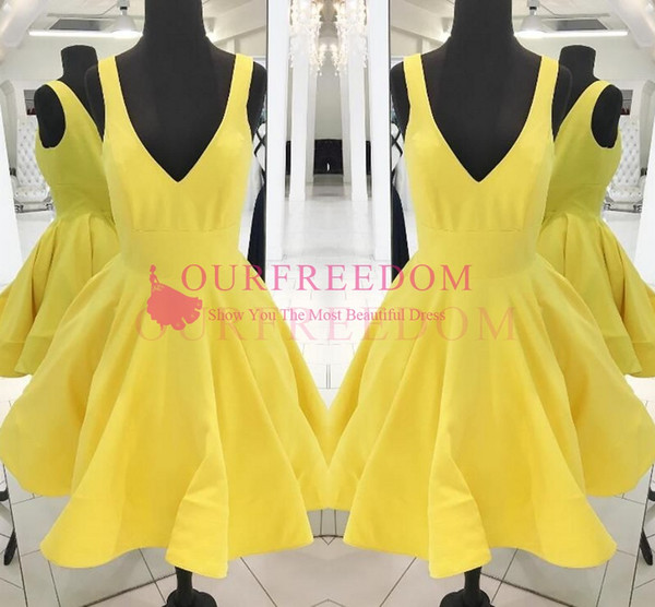 Simple Design Light Yellow Homecoming Dresses V Neck Short Mini Satin Girls Graduation Dresses Formal Prom Party Dresses Under 90$