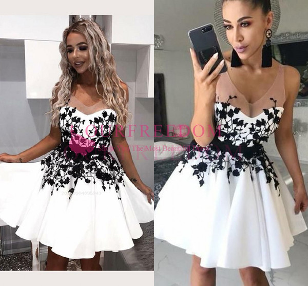 Simple White Black Appliques Homecoming Dresses V Neck Short Mini Party Graduation Dresses Custom Made Hot Sale