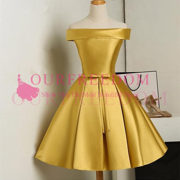 New Design Off The Shoulder Homecoming Dresses Gold Satin Short Mini Graduation Dresses Prom Party Gown Hot Sale