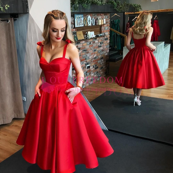 Red Design Homecoming Dresses Spaghetti Straps A Line Satin With Pocket Tea Length Simple Graduation Dresses Party Prom Wear