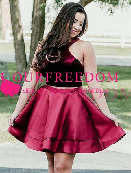 Simple Design Two Piece Homecoming Dresses Short Mini A Line Halter Formal Prom Party Gown Cheap