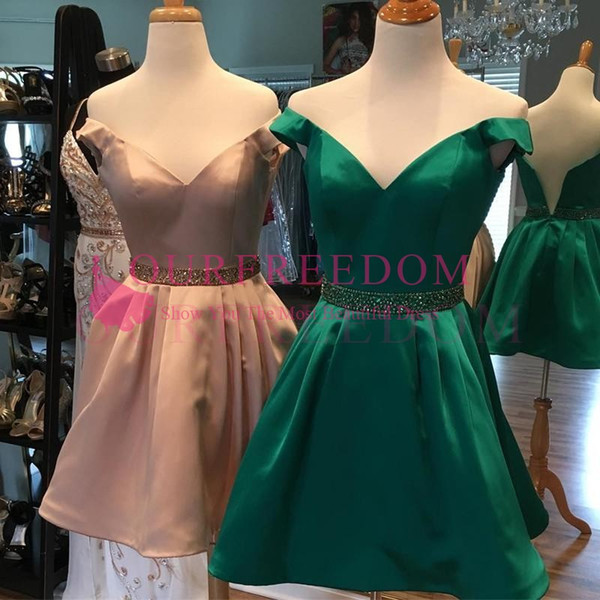 Elegant Off The Shoulder Homecoming Dresses Beaded Short Mini Satin Formal Prom Party Dresses Custom Made Cheap