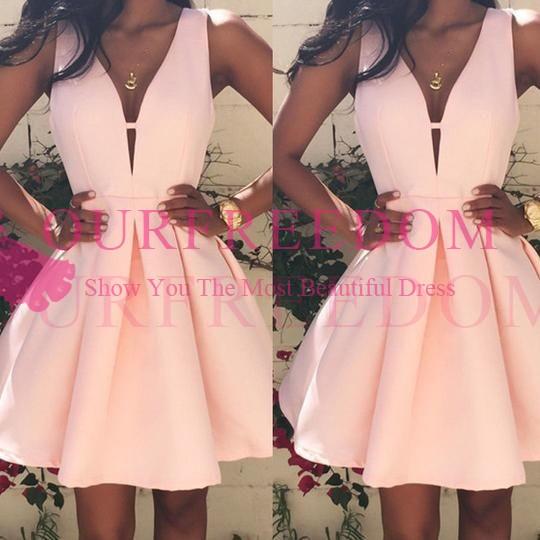 Pink V Neck Homecoming Dresses Short Mini Satin Girls Graduation Dresses Formal Occasion Prom Party Dresses Custom Made