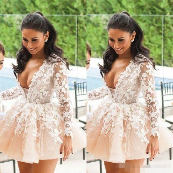 Cheap V Neck Short Mini Homecoming Dresses Long Sleeve Lace Applique Short Prom Dress Formal Party Evening Gowns