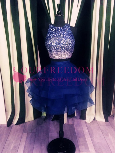 Sparkly Sequins Beaded Homecoming Dresses Two Piece Hollow Back Short Mini Tulle Party Prom 2K19 Dresses Custom Made