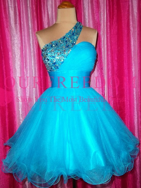 Vintage Blue One Shoulder Homecoming Dresses Sequins Beaded A Line Short Mini Ruffles Tulle Girls Graduation Dresses Prom Party Dresses