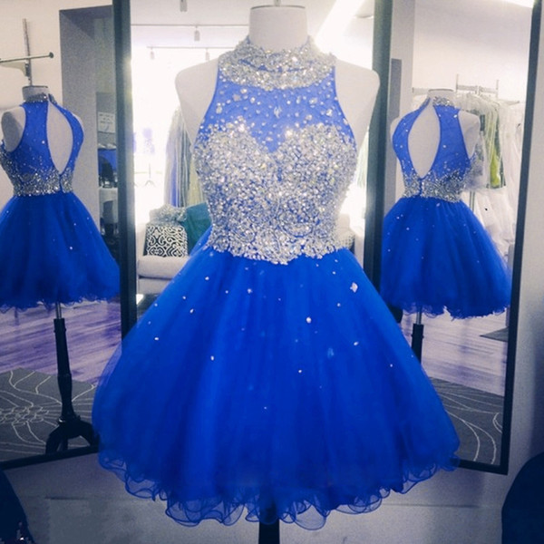 Sparkly Crystal Beaded Homecoming Dresses For Sweet 16 Crew Neck Hollow Back Puffy Tulle Royal Blue Red Graduation Dresses Party Gowns