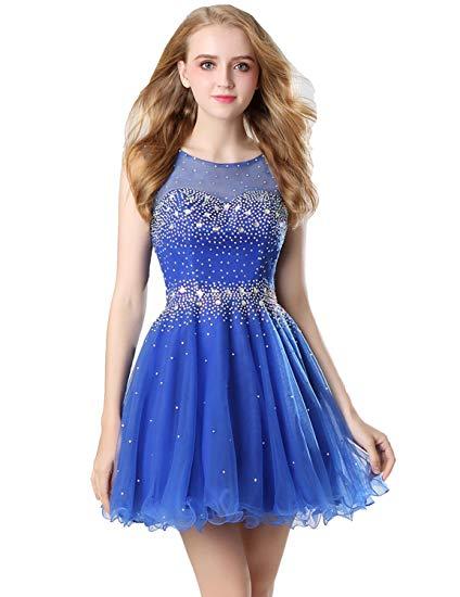 Women's Short Tulle Beading Homecoming Dresses Prom Party Gowns Crew Neck Shining Beaded Crystal Graduation Dresses Prom Party In Stock