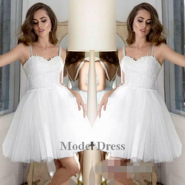 White Homecoming Dresses A Line Tulle Lace Appliques Spaghetti Straps Sequined Beading Waist Elegant Girls Party Dresses Short 