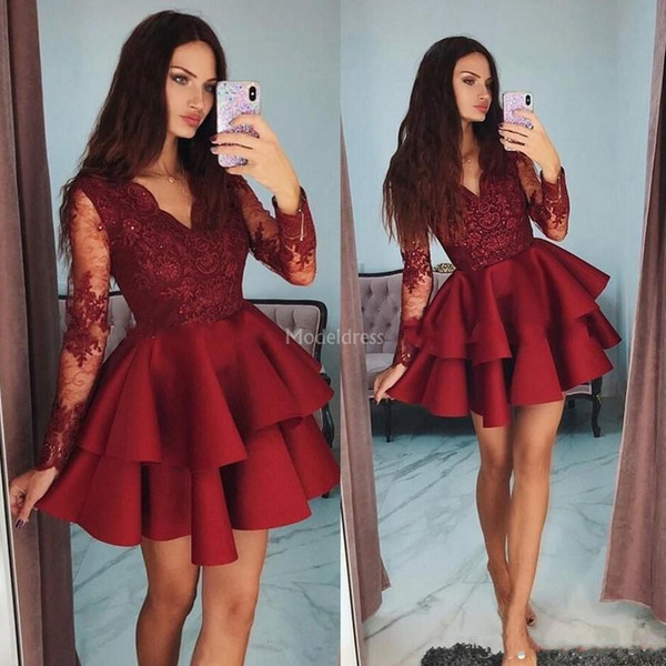 Unique Design Tiered Short Homecoming Dresses V-Neck Lace Illusion Long Sleeves Mini Cocktail Gowns Stylish Formal Party Prom Dress Vestidos