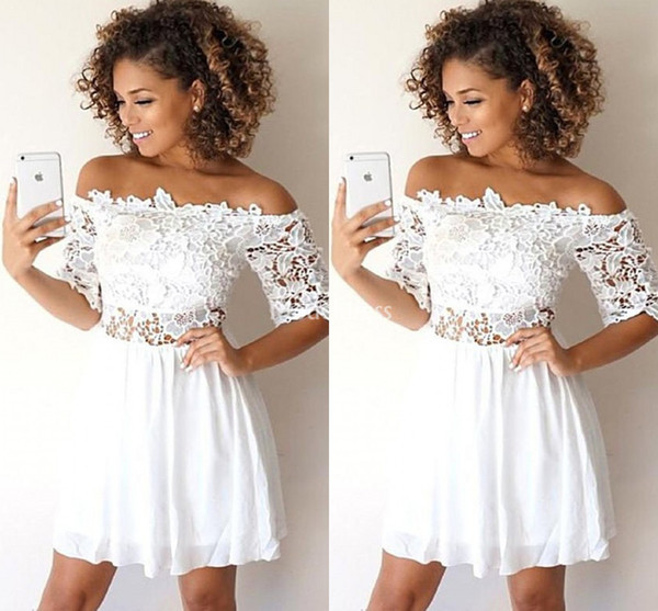 Stylish Lace Homecoming Dresses 2022Off Shoulder Half Sleeves Short Mini Prom Dress Illsuion Cheap Special Occasion Gown Vestidos De Fiesta