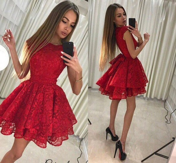 New Short Lace Homecoming Dresses Jewel A Line Mini Tiered Skirt Ribbon Red Prom Party Gowns abiti da ballo Cheap Custom Made