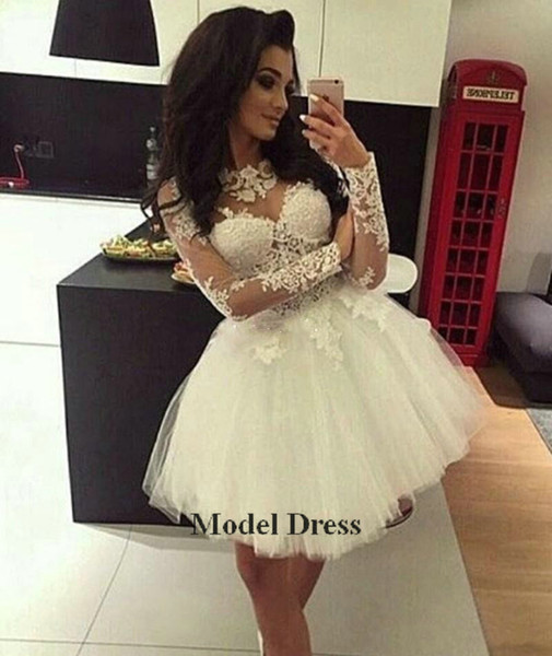 Short White Homecoming Dresses with Long Sleeves Illusion Lace Appliques Sheer Neck Tulle Mini Party Dresses for Prom Ball Gown Hot Sale