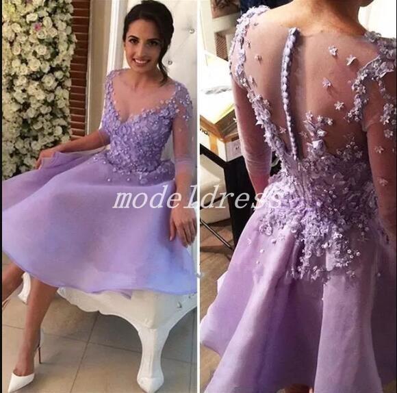 Chic Lavender Homecoming Dresses Long Sleeve Sheer Neck Appliques Short Prom Party Gowns For Sweet 15 Cocktail Dress Vestidos De Fiesta