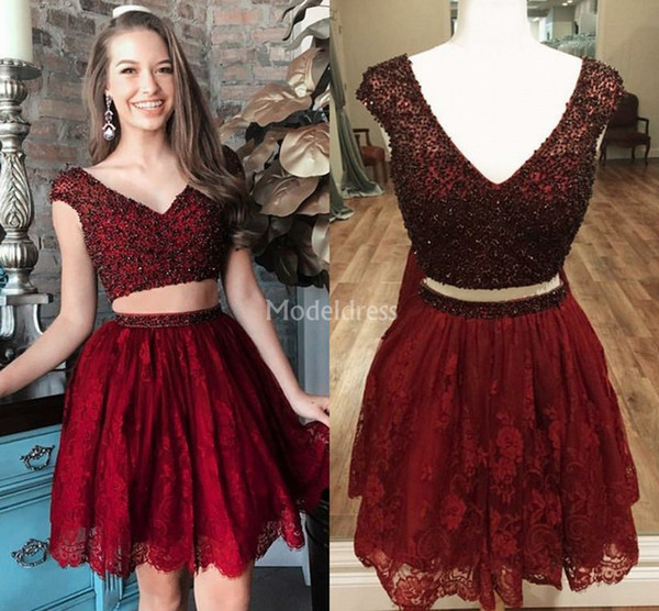 Lace Homecoming Dresses Two Pieces V-Neck Major Beading Above Knee Cocktail Gowns Special Occasion Dresses Cheap Short Party Prom Gowns