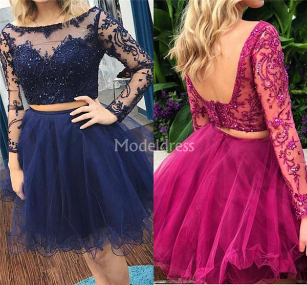 2022Short Homecoming Dresses Two Pieces Sheer Neck Illusion Long Sleeves Beads Appliques Stylish Cocktail Dresses Elegant Party Prom Gowns