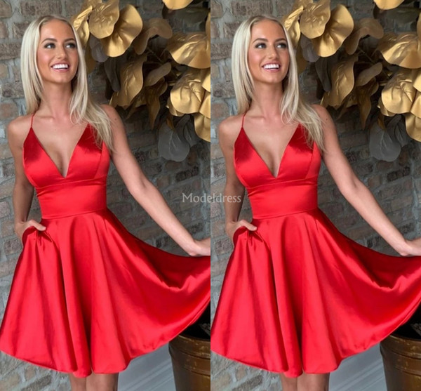 Stylish Red Homecoming Dresses Deep V-Neck A Line Plus Size Formal Party Prom Dress With Pockets Modern Cocktail Gown Hot Vestidos De Fiesta